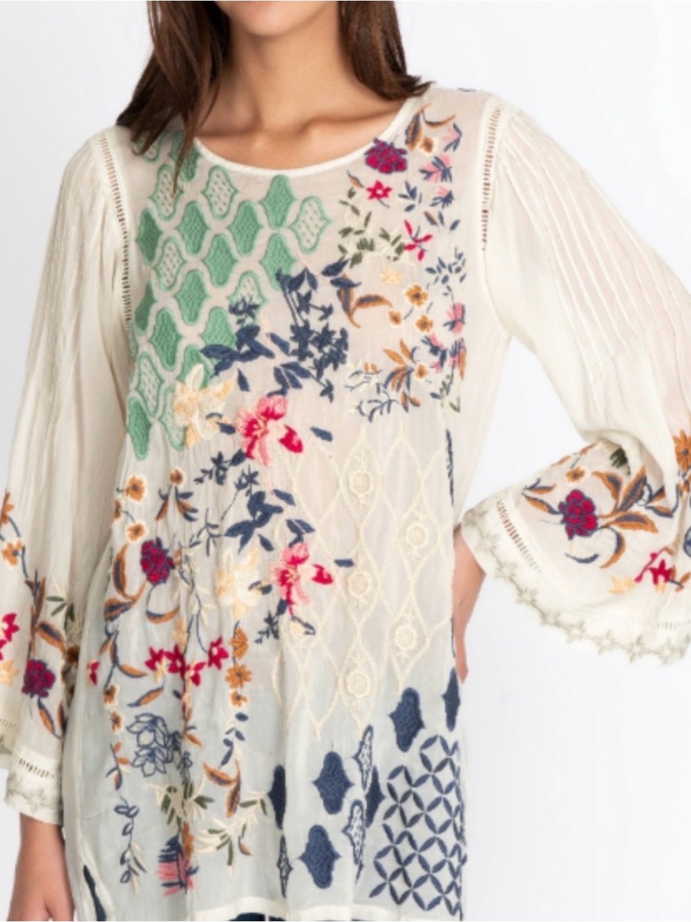 Johnny Was Esmerelda Embroidered Ivory Floral Bell-Sleeve Tunic